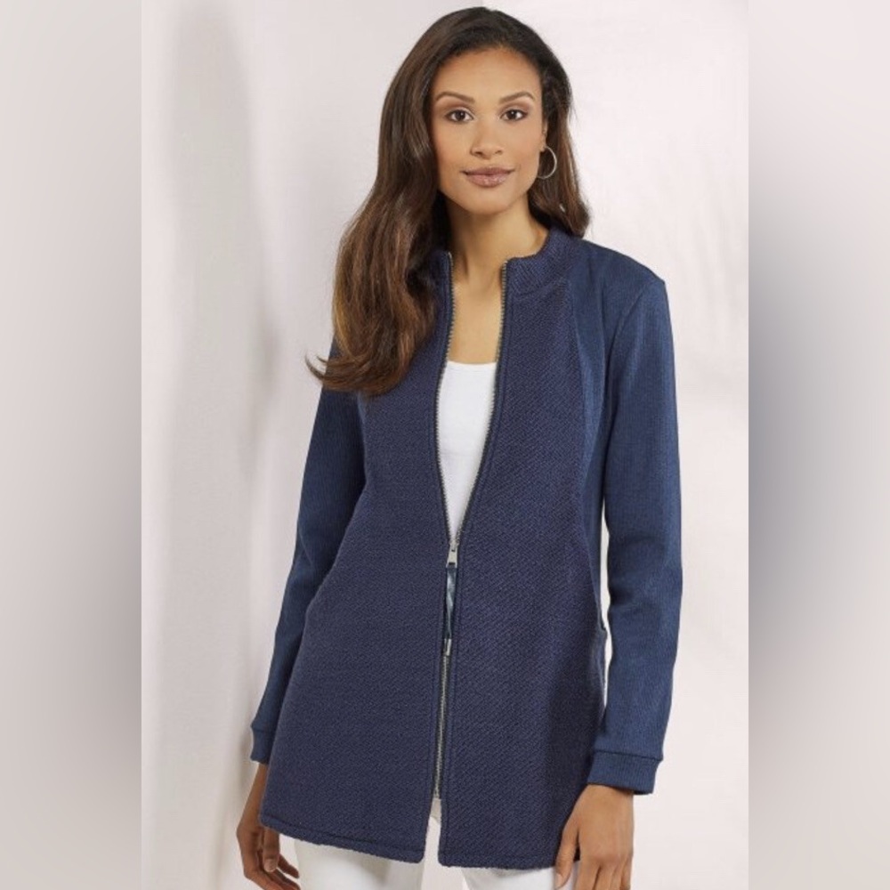 Soft Surroundings Cottagecore Petra Textured Zip Knit Sweater Jacket — Navy — XS